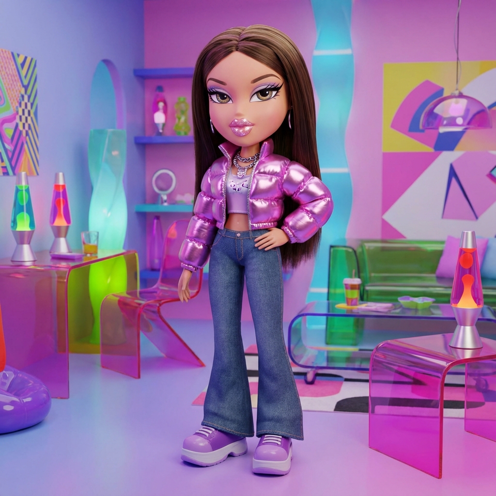 AI generated Bratz doll with Y2K fashion style, big eyes, and trendy outfit
